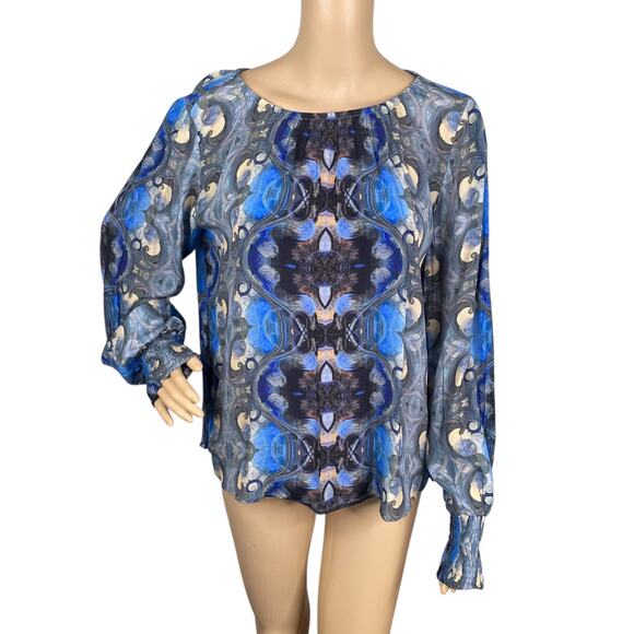 AP.NY Blue Gray Abstract Mirrored Print Artsy Cupro Blouse Top SZ M - Picture 3 of 10